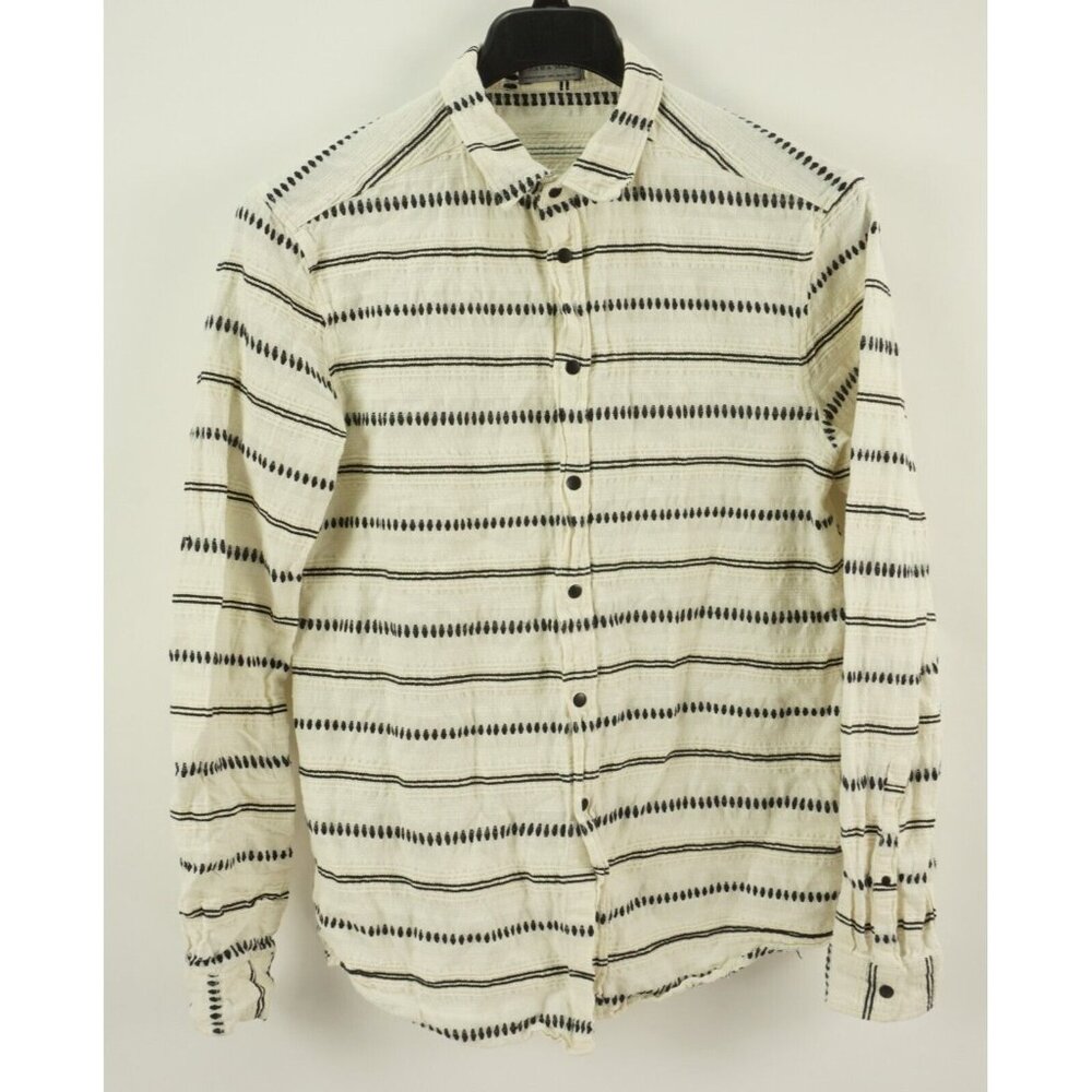 Zara Mens Large Slim Long Sleeve Off-White Black Stripe‎ Bohemian Snap Up Shirt